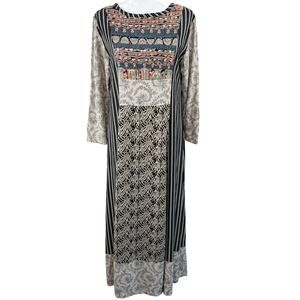 Black Stripe Floral Mixed Print 3/4 Sleeve Eclectic Boho Maxi Shift Dress Medium